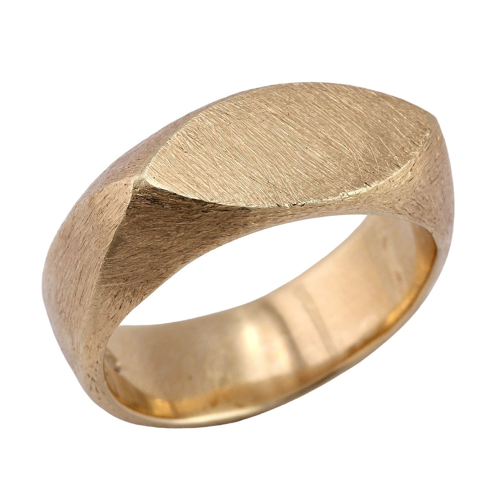 Angled view of JB ring in 10k yellow gold by Betsy Barron