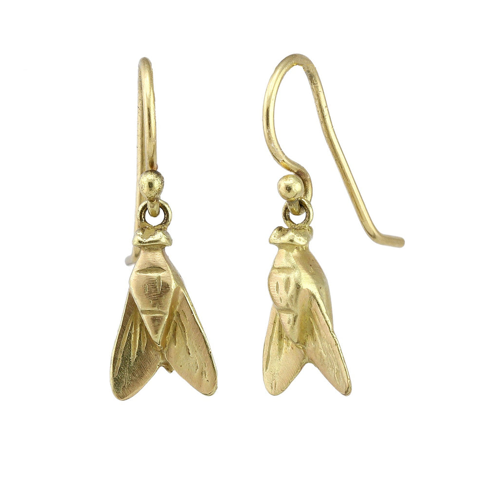 Angled view of Golden Fly Earrings on Wire by Betsy Barron Jewellery