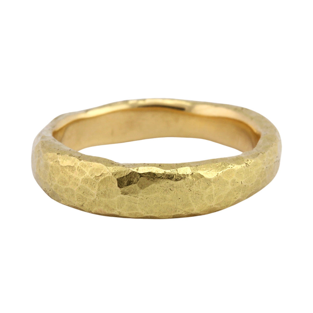 
                      
                        Front-facing view of narrow hammered band in 18k yellow gold by Betsy Barron
                      
                    