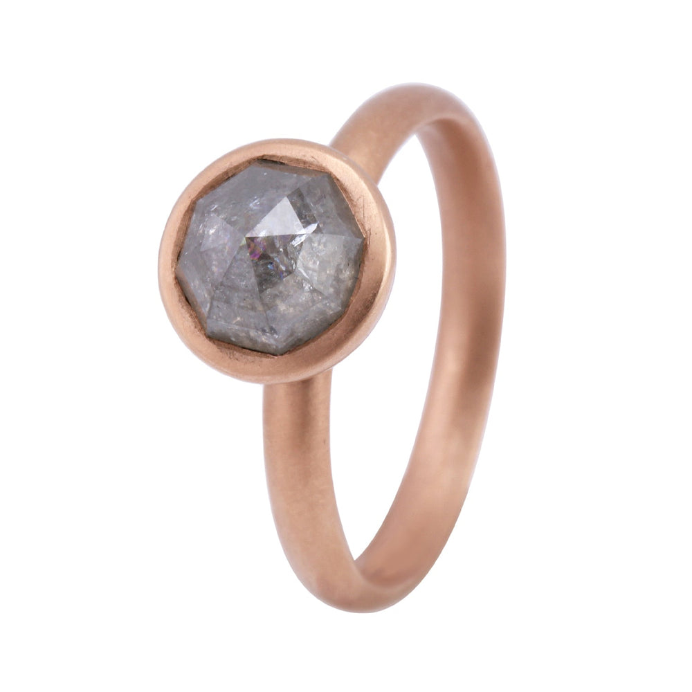 Angled view of Kelsey with Grey Diamond in rose gold by Betsy Barron