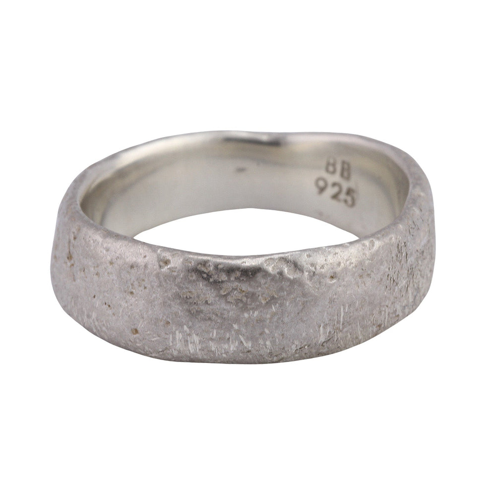 Front-facing view of Wide Molten Band in sterling silver by Betsy Barron Jewellery