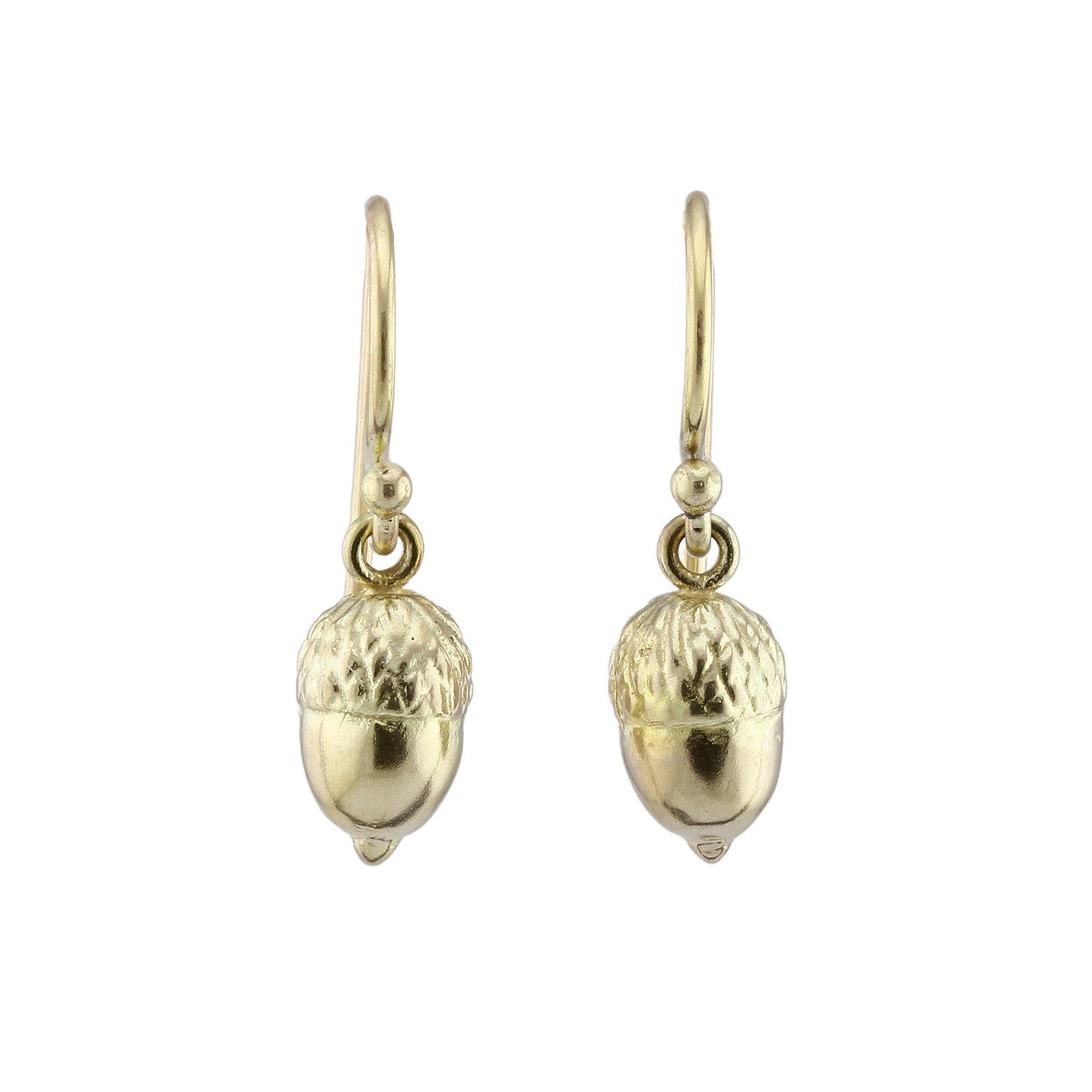 Front-facing view of small acorn earrings in 18k yellow gold by Betsy Barron