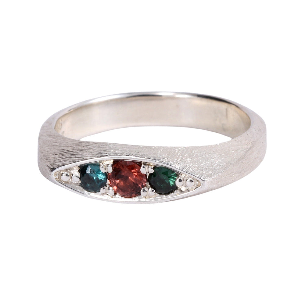 
                      
                        Front-facing view of Remy ring with sterling silver with rose spinel center and color change garnet side stones by Betsy Barron
                      
                    