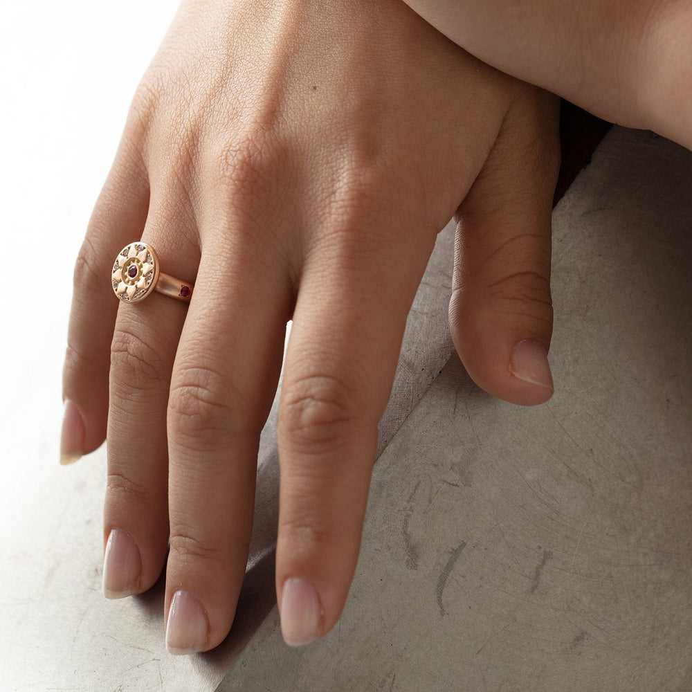 
                      
                        Detail view of Ancient Flower Ring by Betsy Barron Jewellery on model's hand.
                      
                    