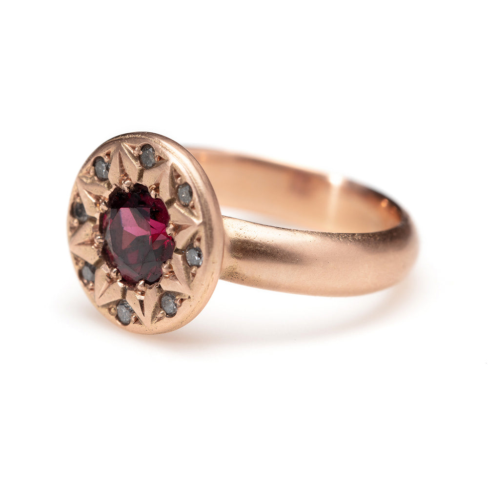 Ancient Flower Ring with Spinel and Grey Diamonds