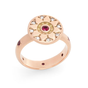Ancient Flower Ring in 14k Rose Gold with Rubies and Diamonds