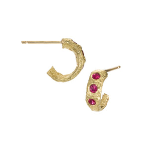 
            
                Load image into Gallery viewer, Small Molten Hoops in 18k yellow gold with rubies
            
        