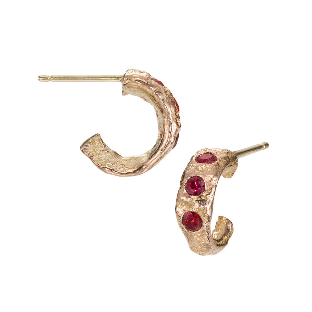 
            
                Load image into Gallery viewer, Small Molten Hoops in rose gold with rubies
            
        